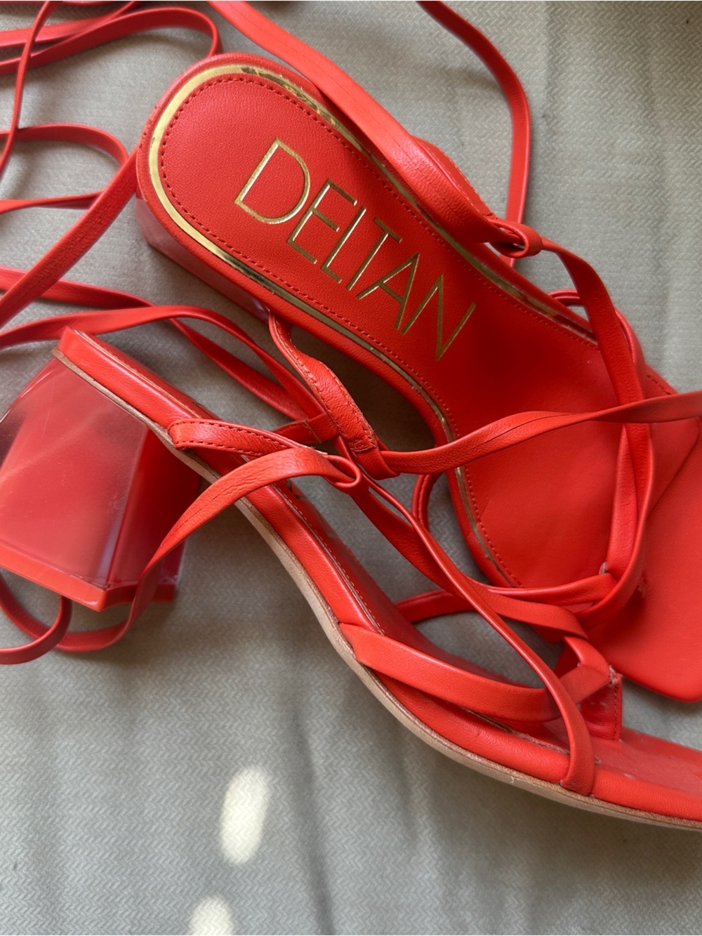 Deltan Coral Strappy Block Heel Sandals with Wrap Ties